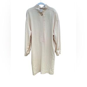 Vintage 1970's Ivory wool crepe oversize shirt dress Gold Tone Pearl Closures M